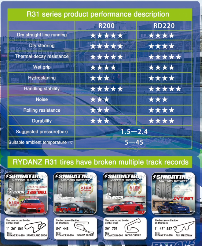 Rydanz Tyre R31 Spec Table